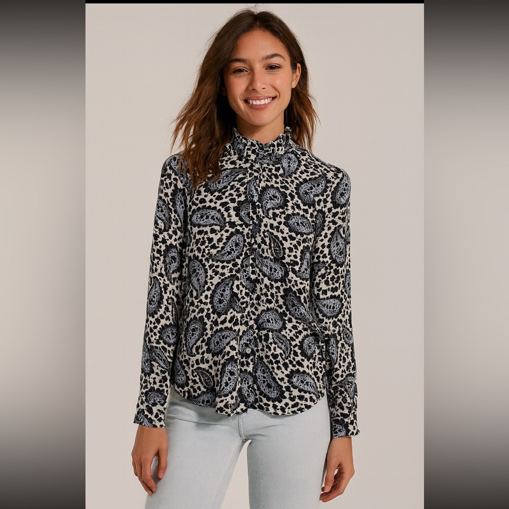 Express Long Sleeved Paisley Blouse Small Button Down Front Career Ruffle